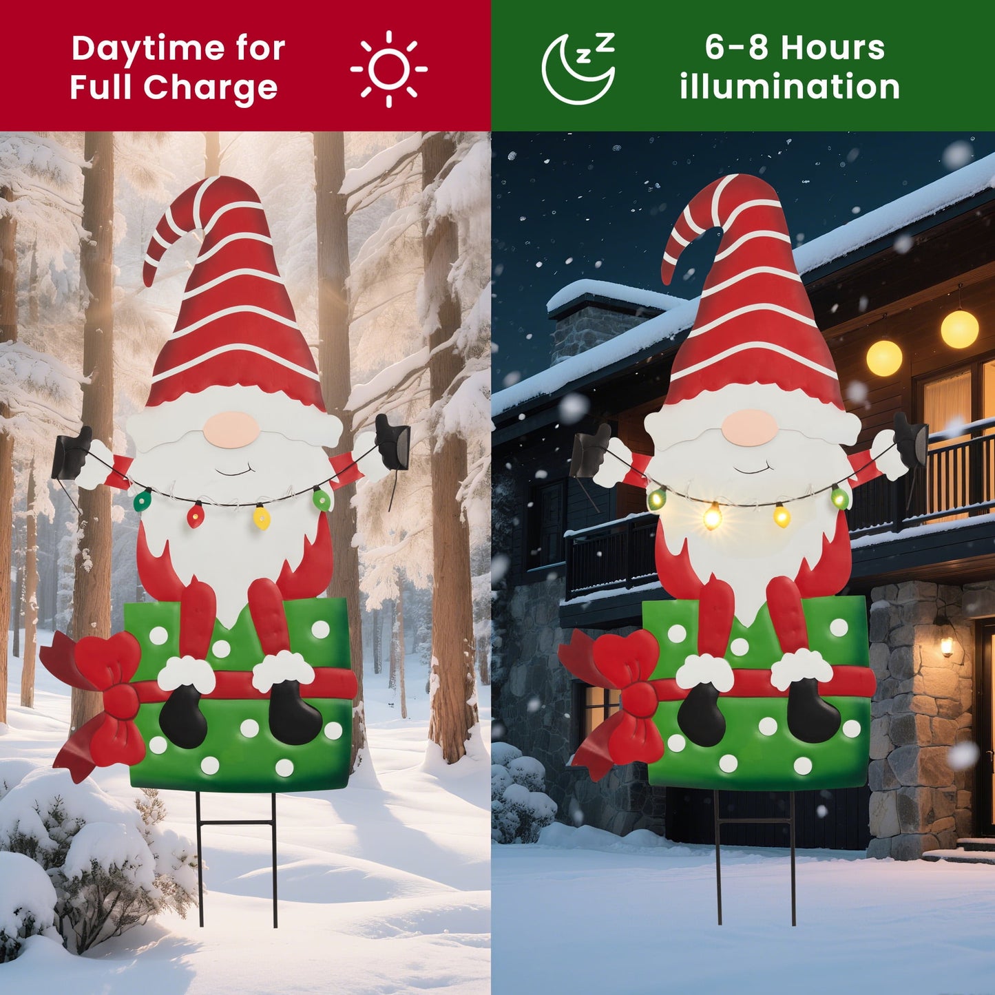 Heynemo Solar Christmas Gnome Yard Stake, Lighted Metal Holiday Garden Decoration, Waterproof Lawn & Pathway Ornament, Present Style
