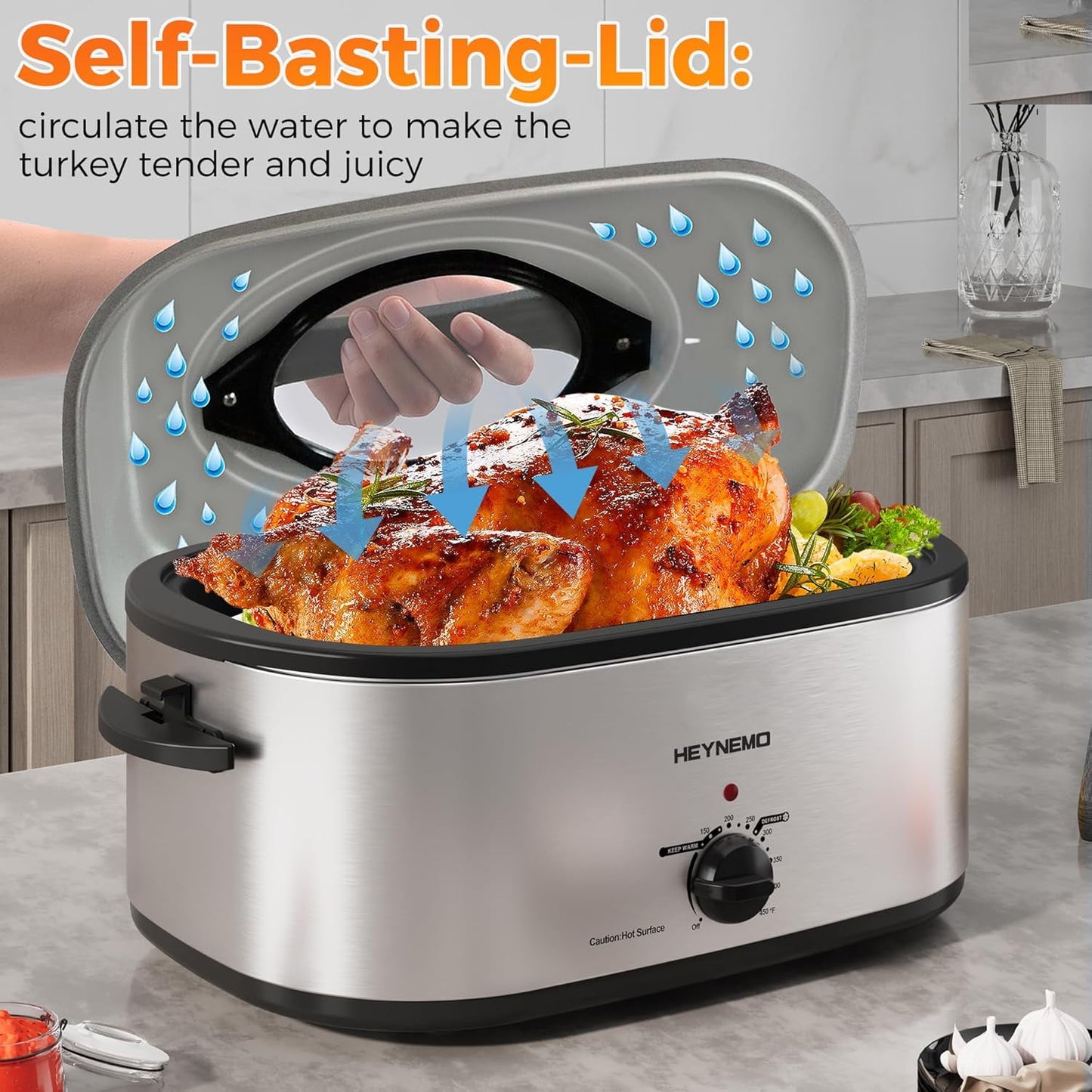 Superjoe 22 Quart Electric Roaster Oven with Visible & Self-Basting Lid, Large Turkey Roaster with Defrost Warm Function, Adjustable Temperature, Removable Pan Rack, Stainless Steel