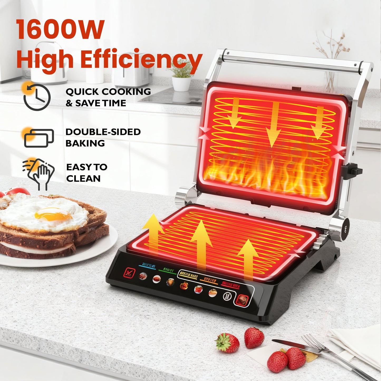 Sunvivi 3-in-1 Electric Indoor Grill & Griddle, 1600W Panini Press Sandwich Maker with 180¡ã Flat Open, Nonstick Plates, Locking Lid