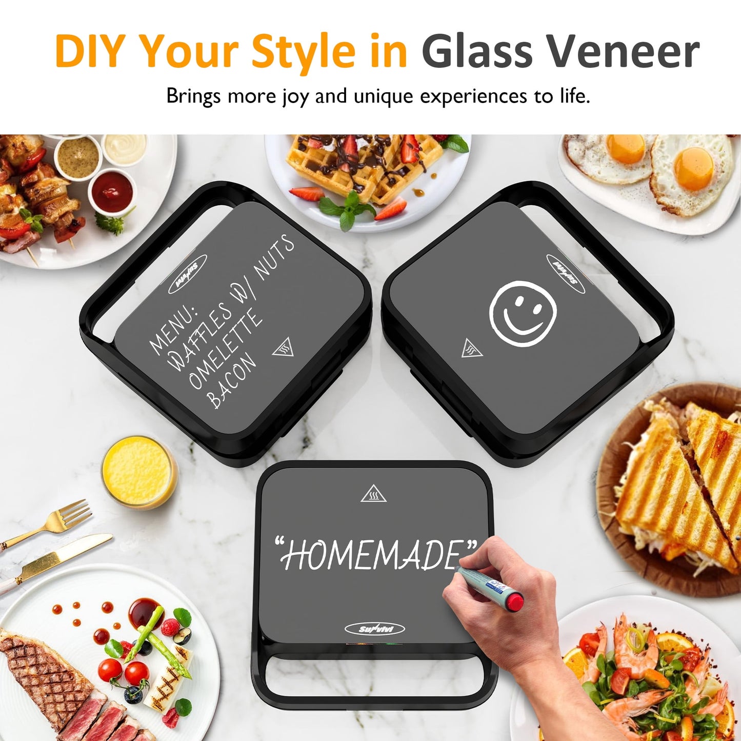 Heynemo Versatile 3-in-1 Waffle Maker & Panini Press, 850W Electric Sandwich Maker with Removable Non-Stick Plates, Tempered Glass Lid, Cool Touch Handle & Easy Cleanup