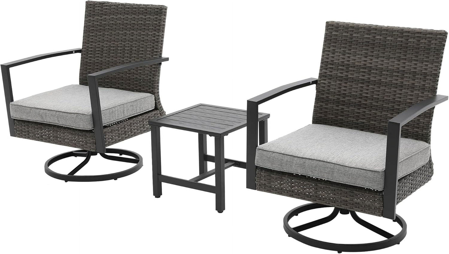 Superjoe Patio Swivel Dining Chairs with 360-Degree Rotating, All Weather Rattan Chairs with Water-Resistant Cushions & Metal Frame, Table, Modern Outdoor Rocking Chair for Porch, Bistro, Balcony, Grey