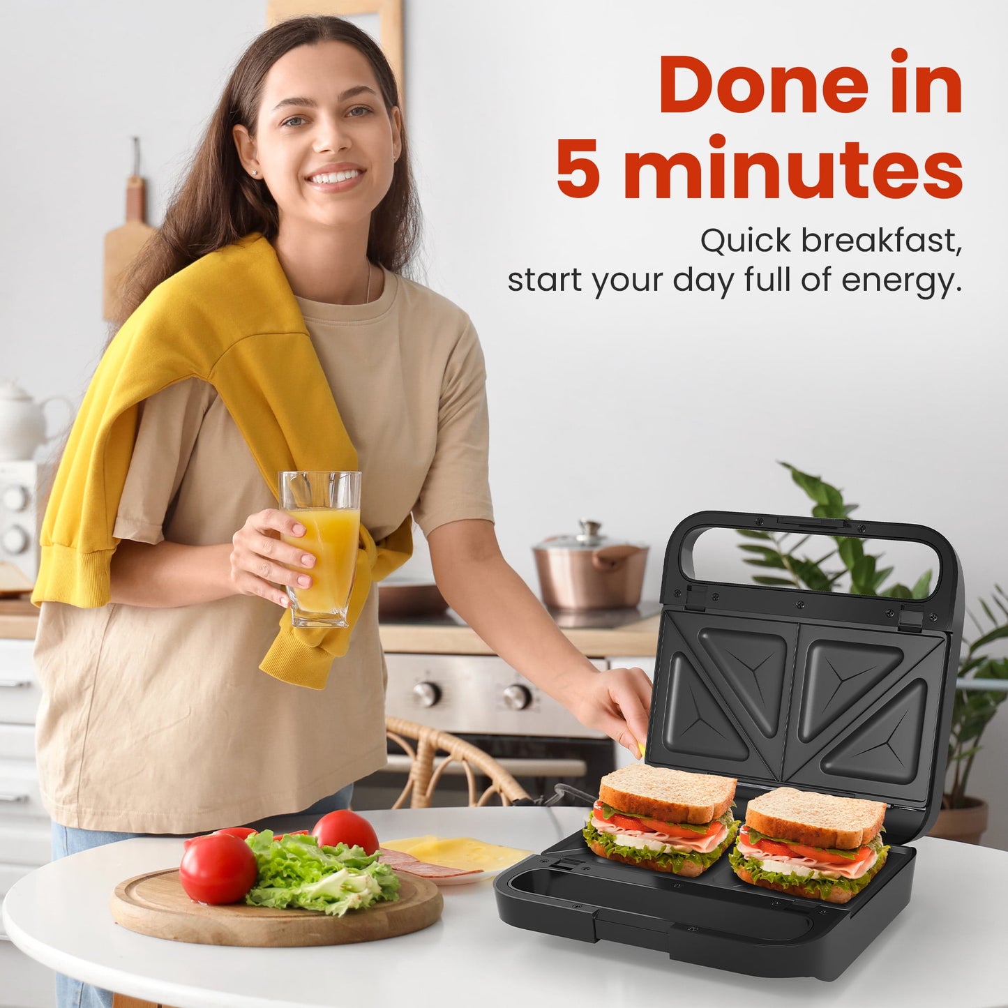 Heynemo 3-in-1 Electric Sandwich Maker & Waffle Grill, 850W Panini Press with Non-Stick Removable Plates & Tempered Glass Top, Cool Touch Handle, Easy to Clean, Black