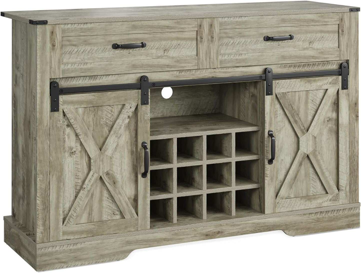 Superjoe 52" Buffet Storage Cabinet Farmhouse Sideboard w/12 Removable Wine Rack & Drawers, Rustic Coffee Bar Cabinet w/Glass Rack & Sliding Barn Door, Dark Grey