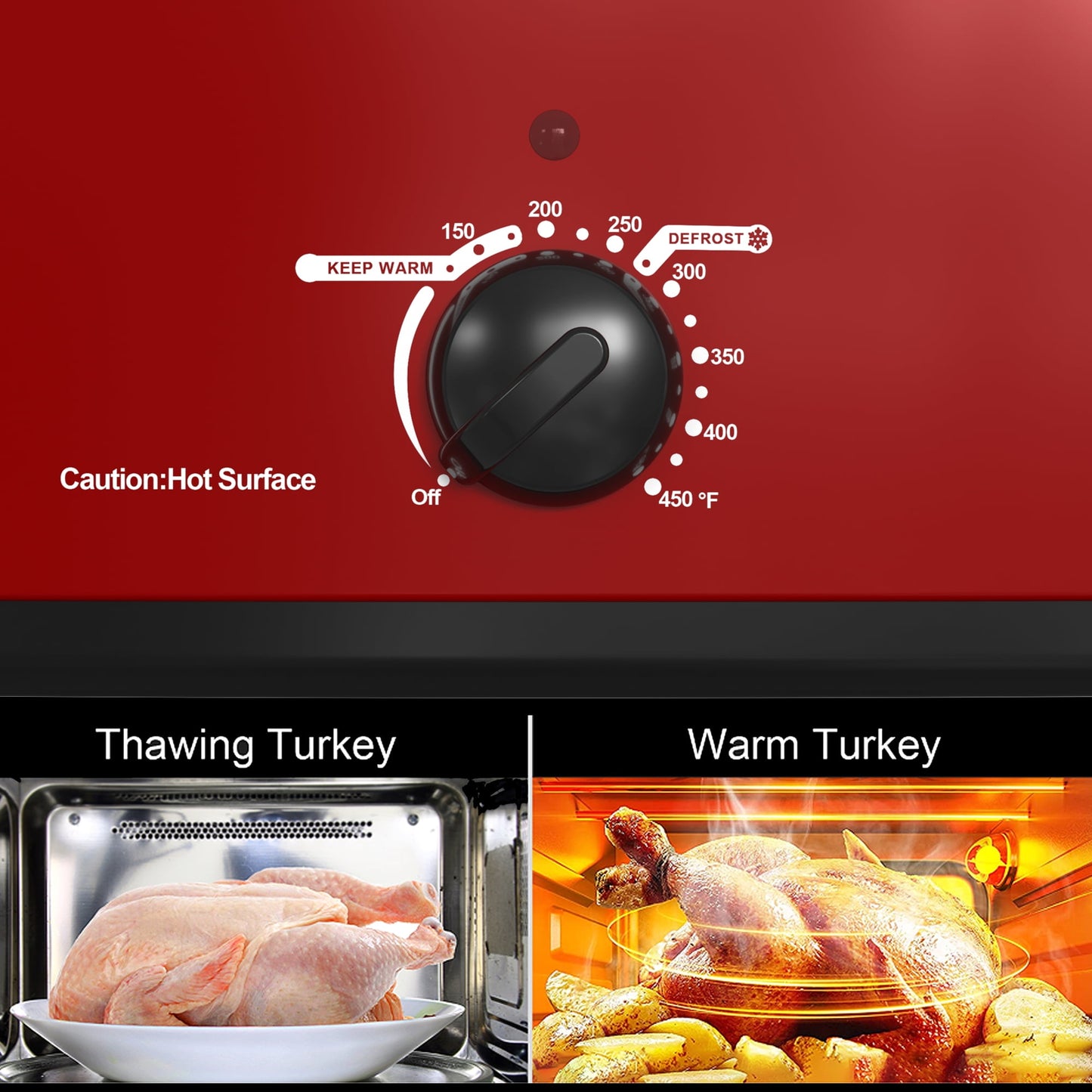 Sunvivi Roaster Oven with Self-Basting Lid, 20qt Electric Roaster with Removable Pan & Rack, Turkey Roaster Oven with Defrost & Warm Function, Stainless Steel, Red