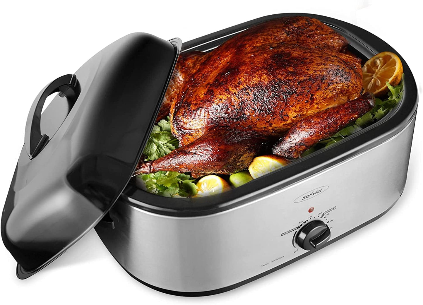 Sunvivi 18 Quart Electric Roaster with Self-Basting Lid, Removable Pan, and Cool-Touch Handles, Silver