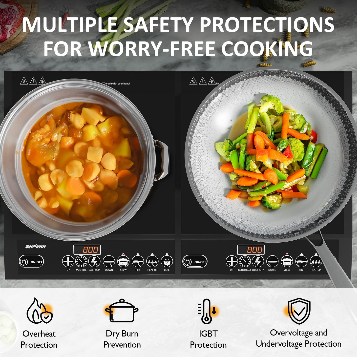 Sunvivi Portable Dual Induction Cooktop, Commercial-Grade Electric Countertop Burner with Timer, Induction Hot Plate with LED Screen, 8 Power(100W-1000W/800W) & 8 Temp Setting(176°F-518°F), Black