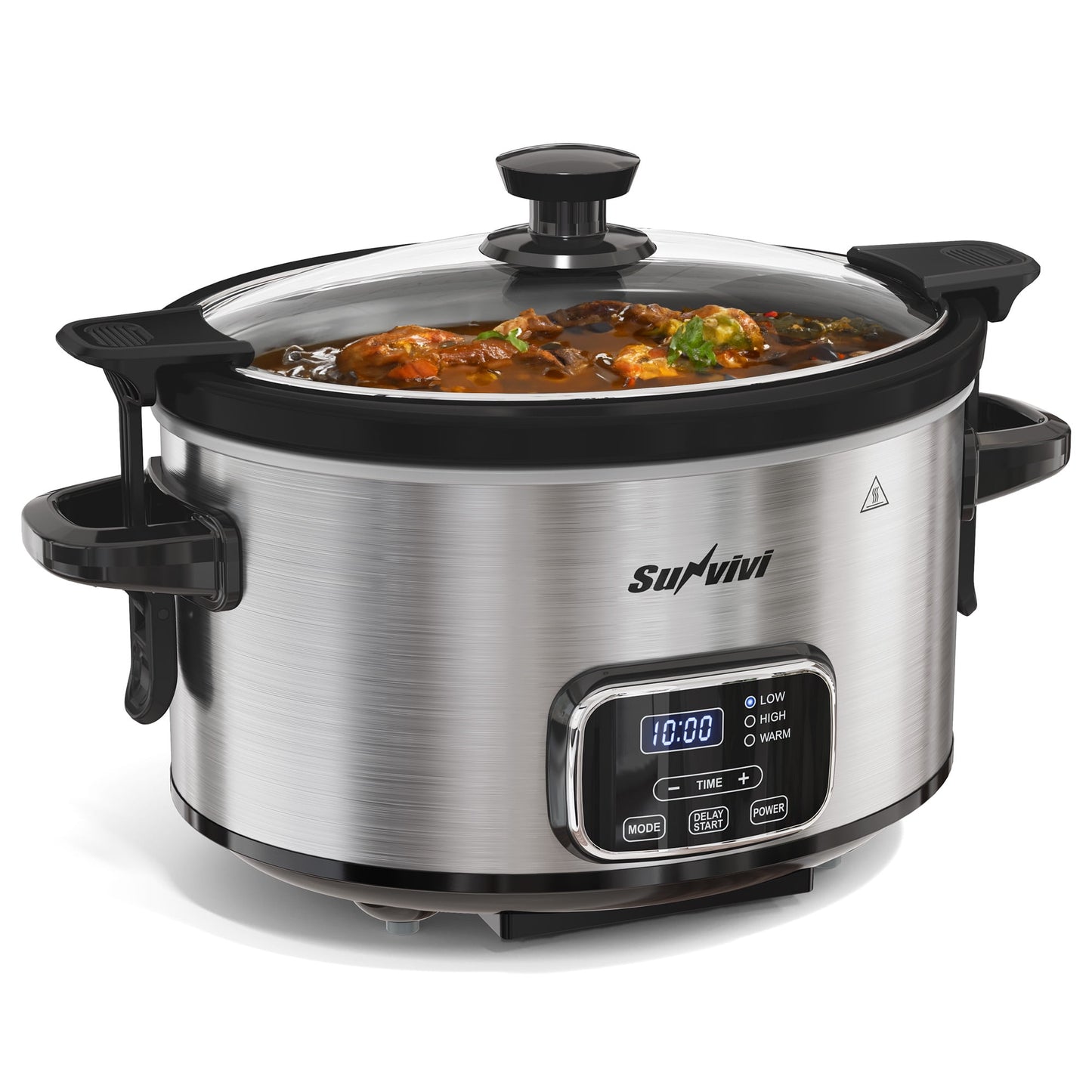 Sunvivi 4QT Programmable Slow Cooker with Locking Lid, Removable Ceramic Pot, 3 Heating Settings & Timer, Stainless Steel, Silver