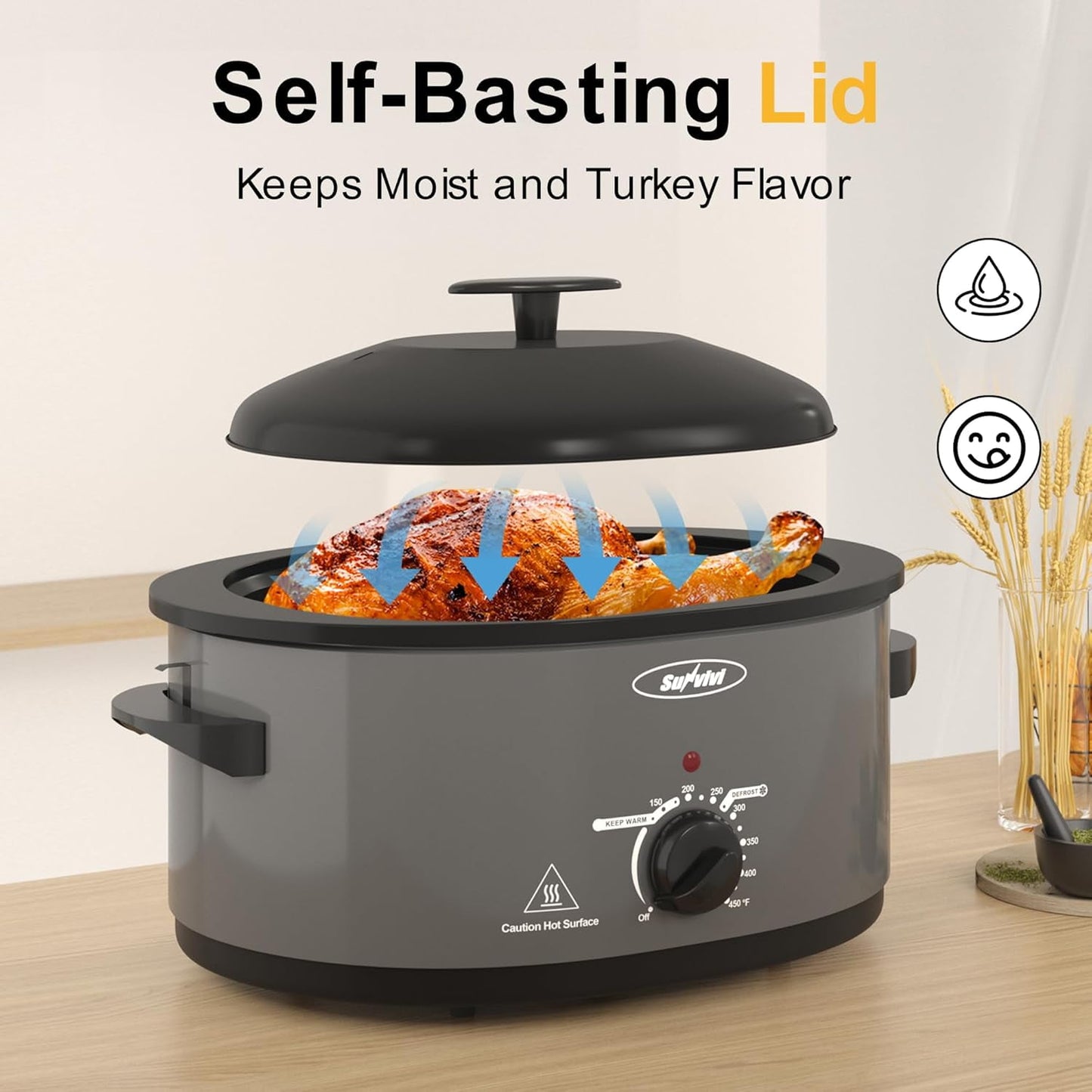 Superjoe 8 QT Electric Roaster Oven with Self-Basting Lid, Defrost Warm Function, Removable Pan, Stainless Steel, Grey