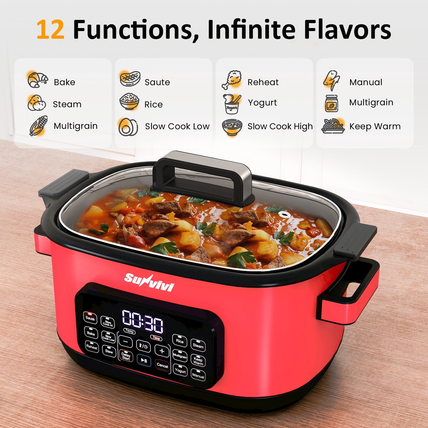 Heynemo 6.5QT Digital Multi Cooker, 12-in-1 Slow Cooker & Roaster with Timer, Temp Control, Delay Start, Nonstick Pot, Red