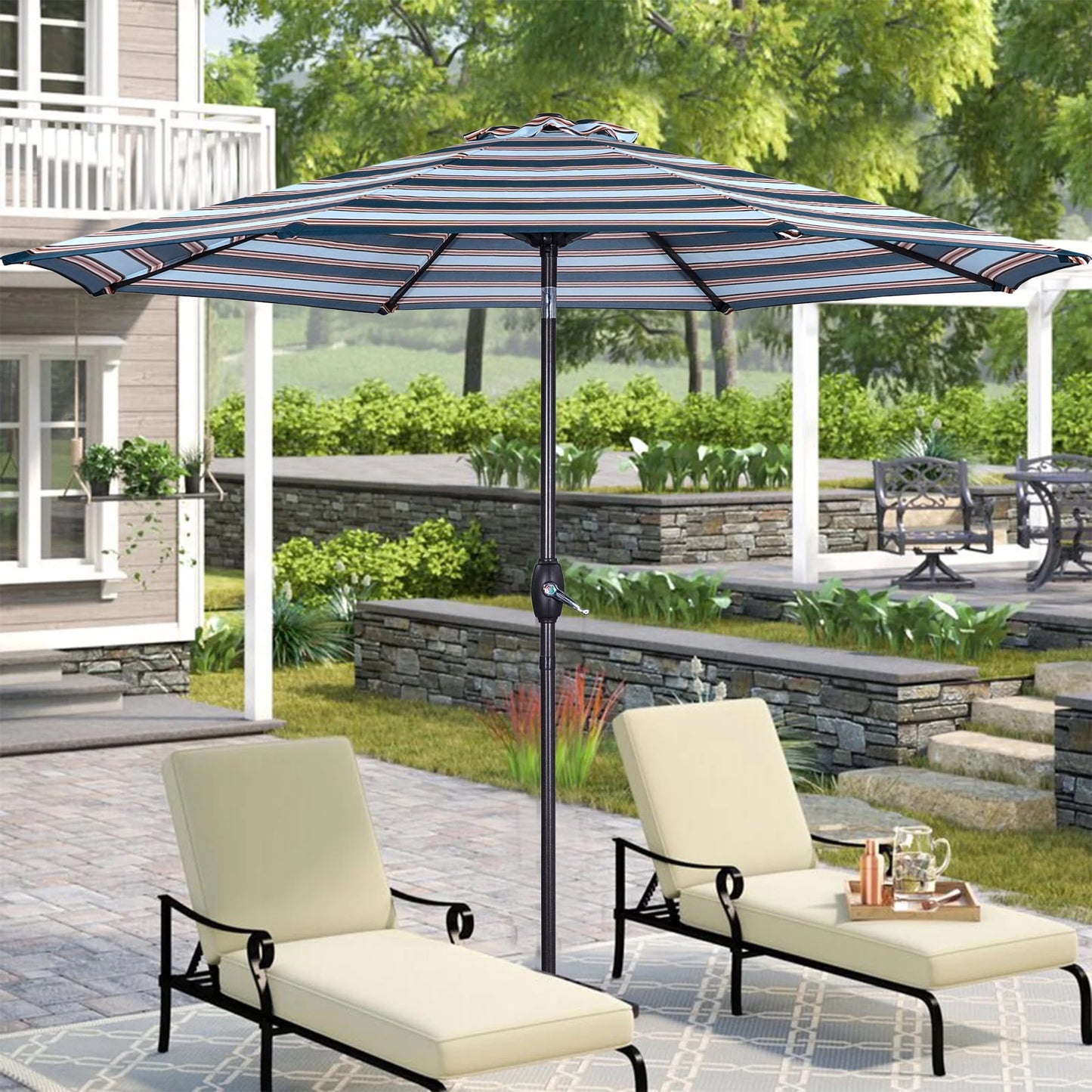 Superjoe 9 ft Striped Patio Umbrella Market Umbrella with Push Button Tilt and Crank, Blue & Brown Stripe