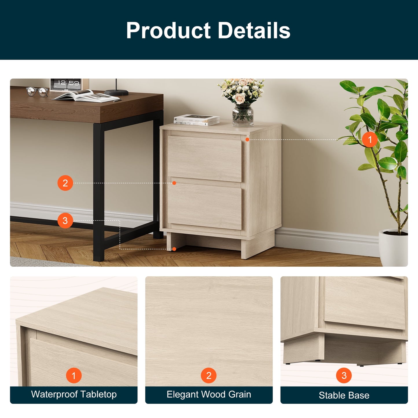 Heynemo 2-Drawer Dresser, Modern Wood Design with Clean Edges, Versatile Storage for Bedroom, Living Room, Office, and Entryway, Beige