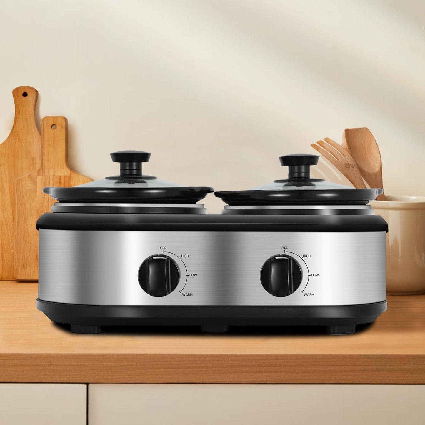 CozyHom 2.5QT Dual Pot Slow Cooker Electric Food Warmer With Adjustable Temp Stainless Steel Removable Pots Lid Rests Crock Pot