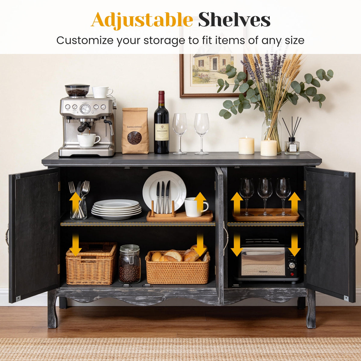 Heynemo Vintage Sideboard Buffet Cabinet with 3 Carved Doors and Adjustable Shelves, Wood Credenza for Kitchen, Dining Room, Living Room, Bedroom, Black