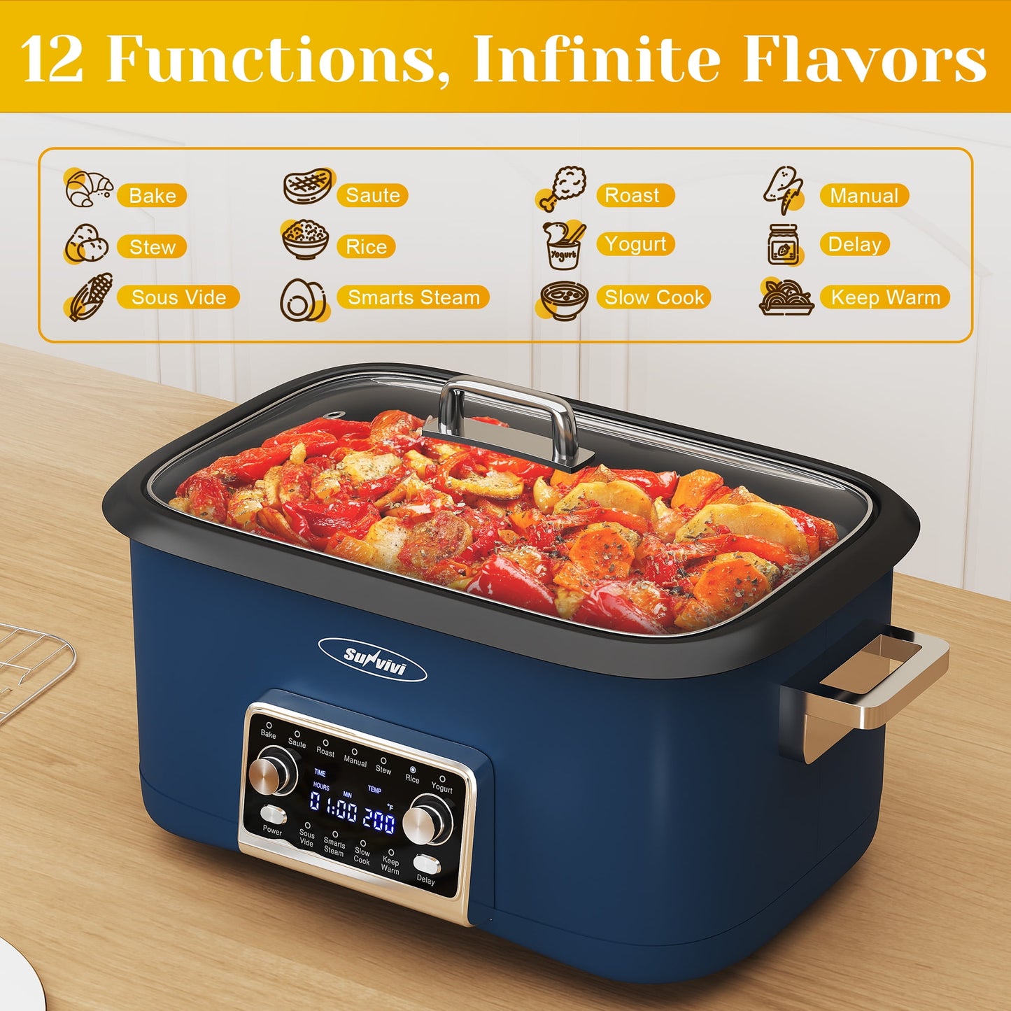 Heynemo 12-in-1 Digital Slow Cooker, 8QT Multi-Cooker with Adjustable Temp, Timer, Auto Shut-Off, Removable Non-Stick Pot & Dishwasher-Safe Glass Lid