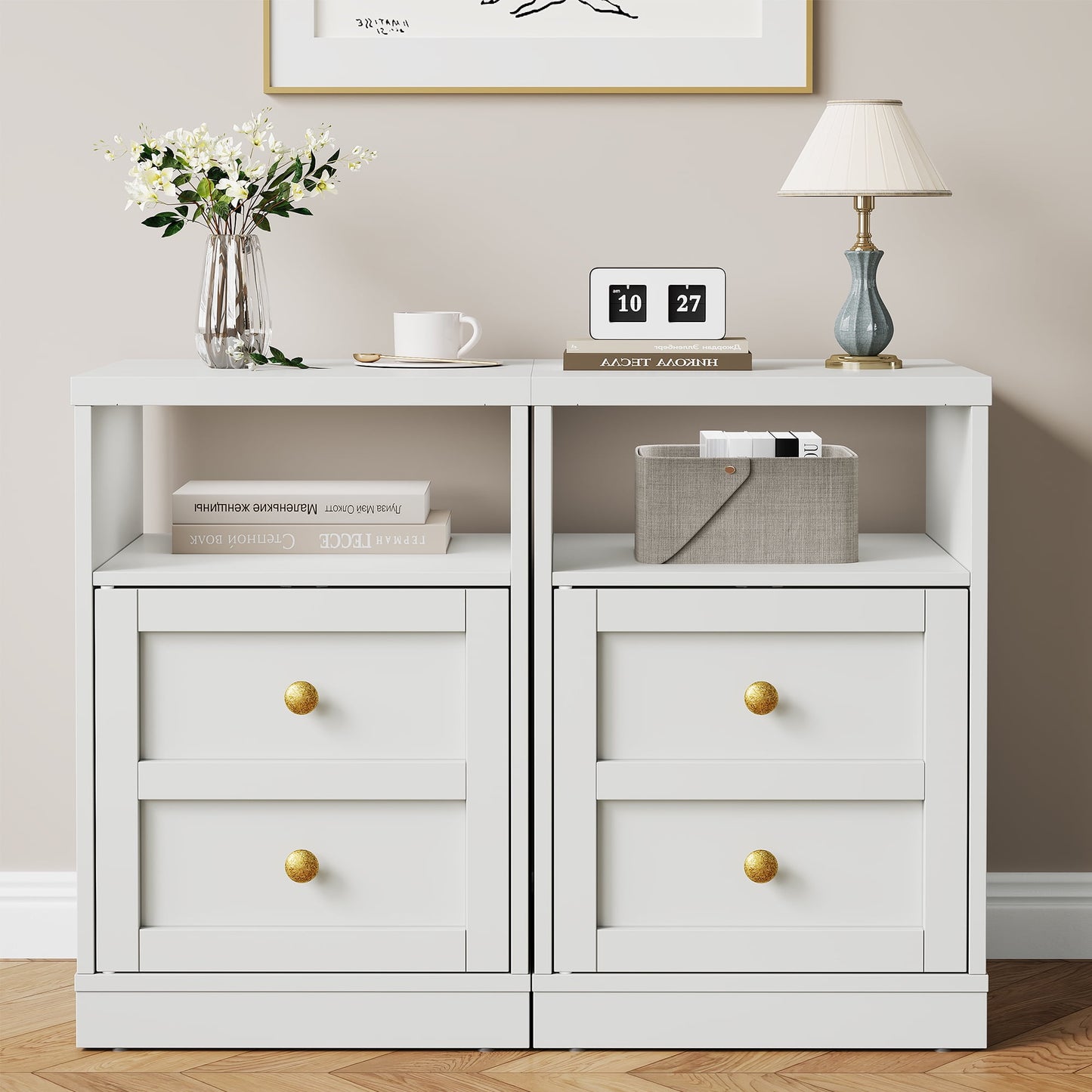 Heynemo white Nightstand with Storage Shelf & Door, Faux Drawer Design End Table, Compact Side Table for Bedrooms, Dorm Rooms & Small Spaces, Set of 2