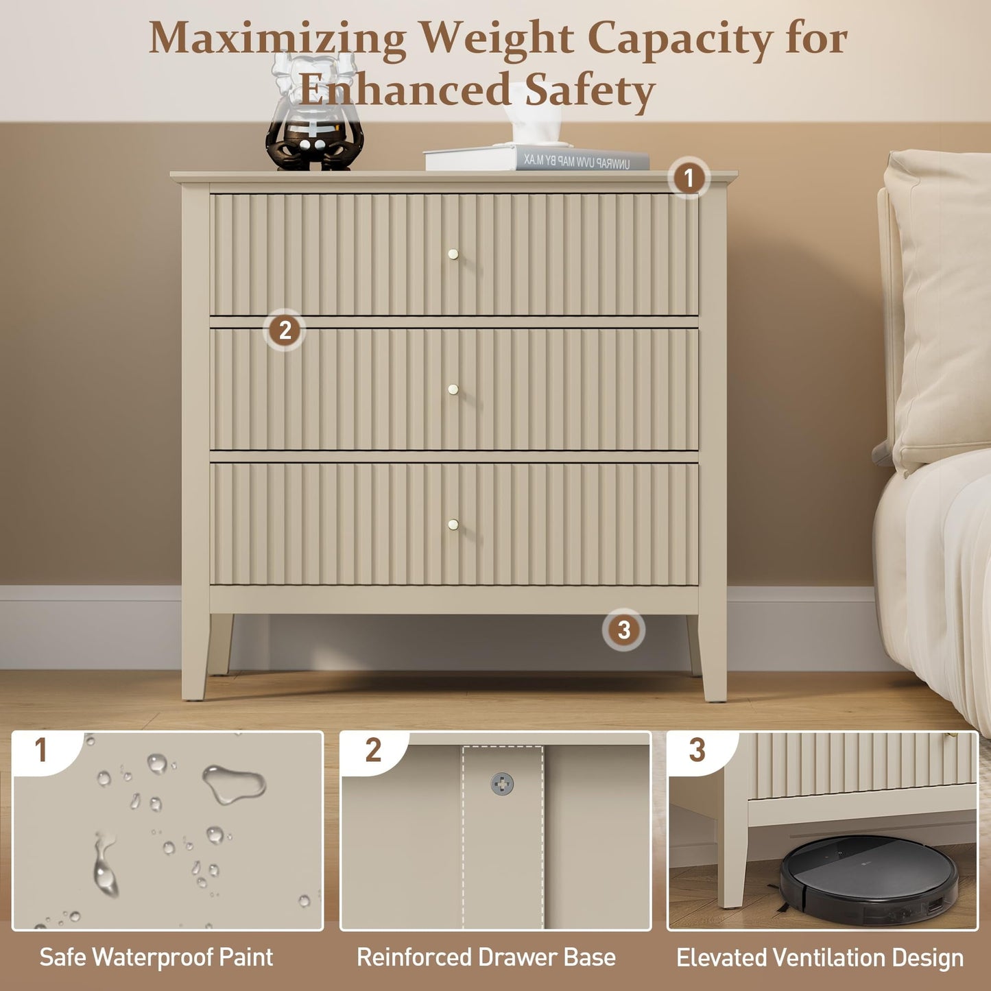 RoyalCraft Large White 3 Drawer Dresser Set of 2 with Fluted Panel, Modern Chest of Drawers with Silent Slide Drawers, Wood Accent Nightstand with Storage for Bedroom Living Room, Nursery, Hallway