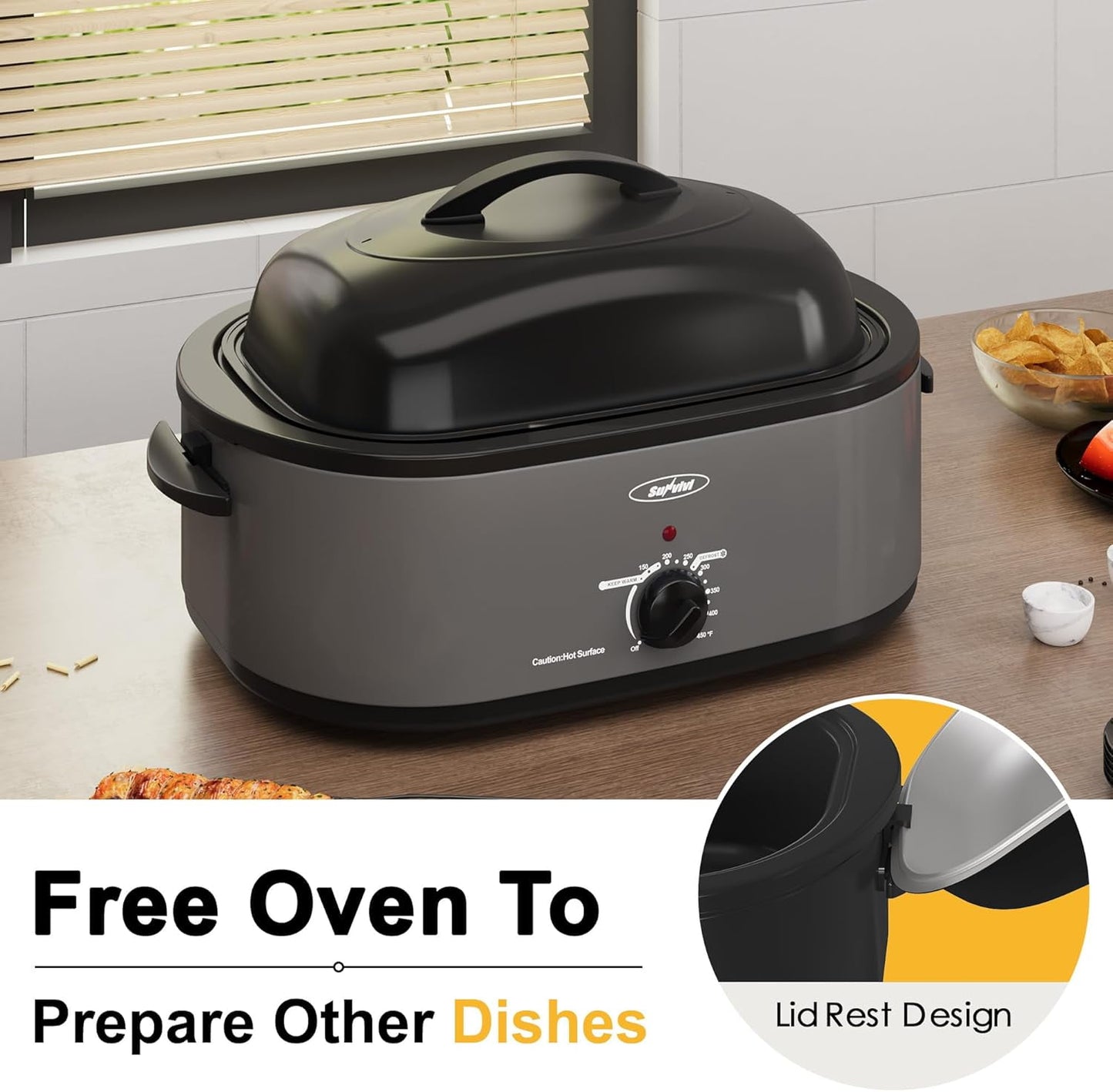 Superjoe 20 QT Electric Roaster Oven, Stainless Steel Self-Basting Lid Removable Pan, Grey