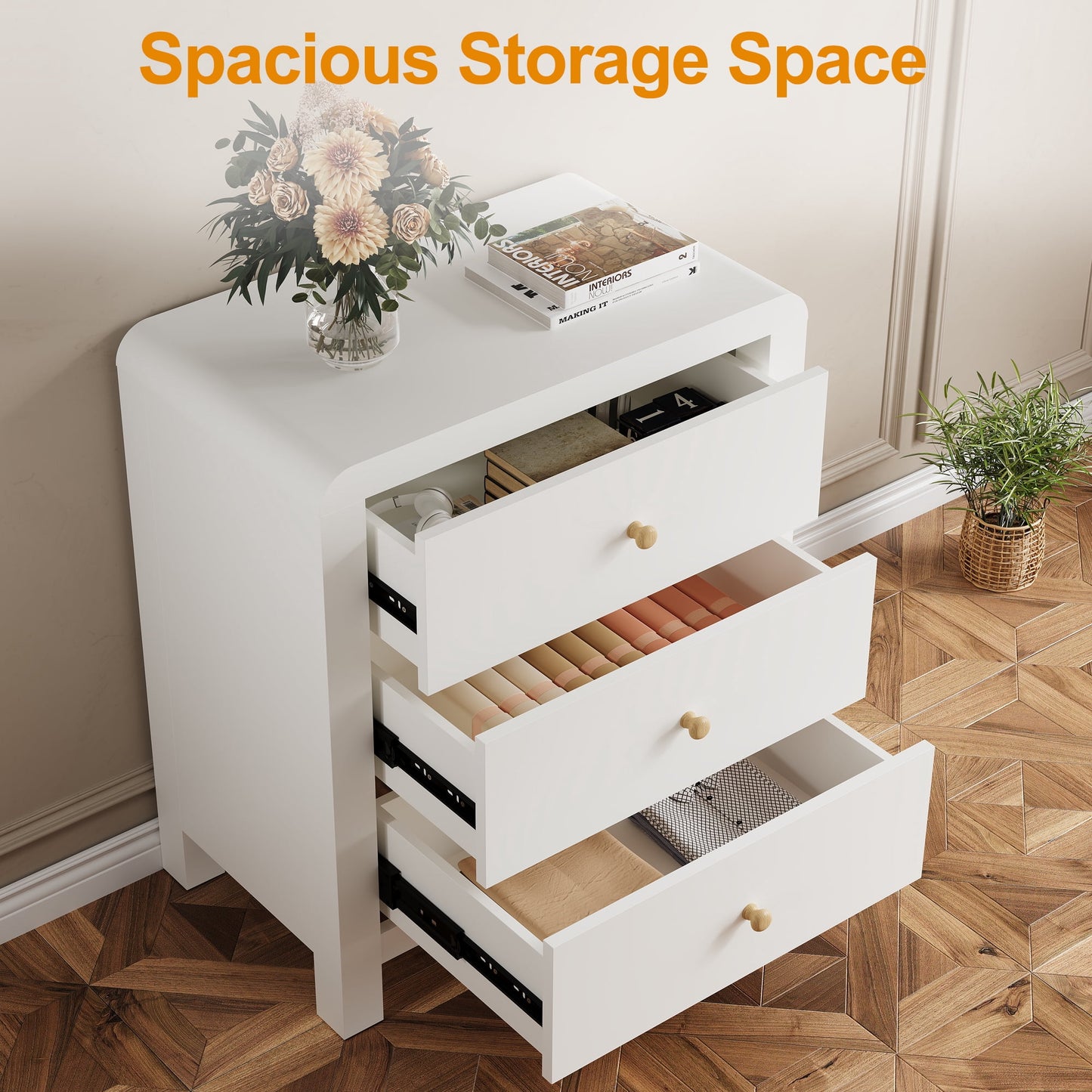 May in Color Modern Chest of Drawers, with Rounded Corners and Soft Close Drawers, 1 Piece, White