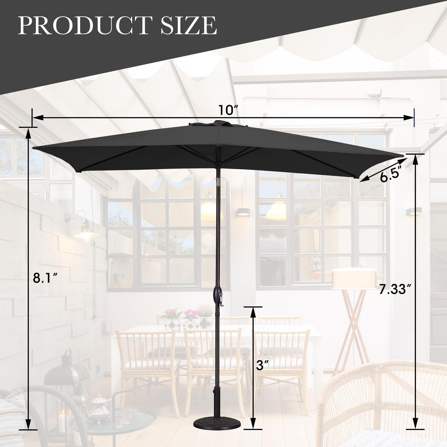 Mayincolor 6.5 x 10 Ft Rectangular Patio Umbrella Aluminum Pole, Outdoor Table Market Umbrella with Crank, 6 Steel Ribs, Polyester Canopy, Black