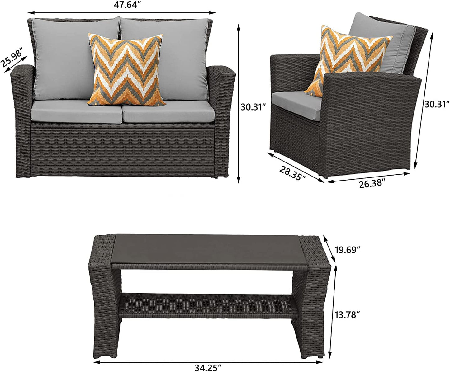 Superjoe 4 Piece Outdoor Patio Furniture Set Rattan Sectional Conversation Set, 4 Cushioned Seats, Gray, 4