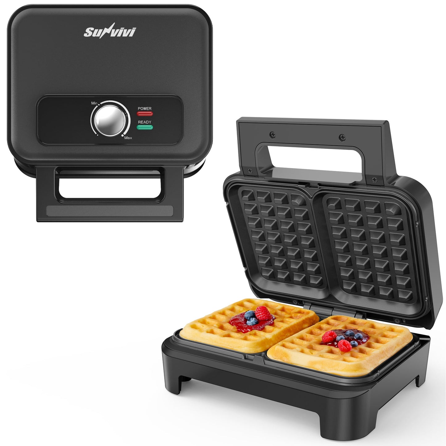 Heynemo Nonstick Waffle Machine, 2 Slices Waffle Iron, Electric Breakfast Maker with Temp Control & Indicator Light, Easy to Clean, Black