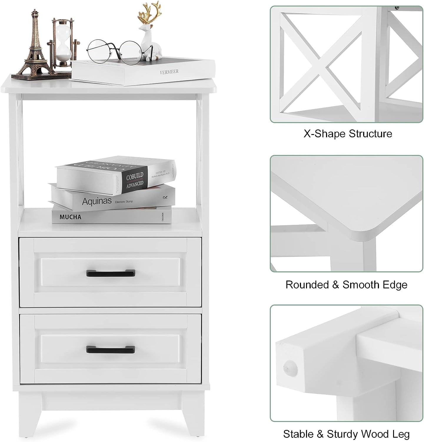 RoyalCraft White Nightstand Set of 2, Wood X-Design Tall Nightstand with 2 Drawers, Modern Side Tables with Storage, Bedside End Tables for Bedroom, Living Room