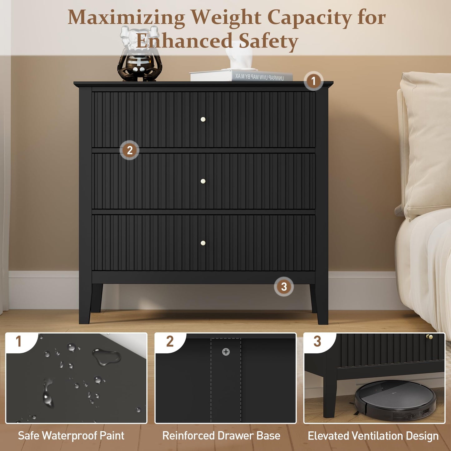 May in Color Modern 3-Drawer Fluted Dresser with Spacious Storage for Bedroom, Hallway, Living Room, Entryway, Black