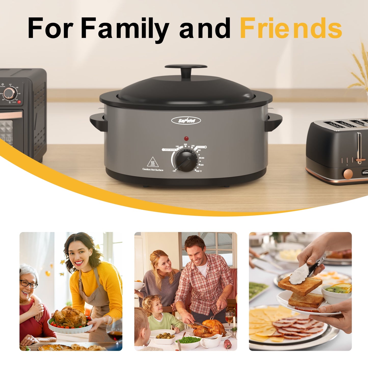 Heynemo Roaster Oven with Self-Basting Lid, 8qt Electric Roaster with Removable Pan & Rack, Turkey Roaster Oven with Defrost & Warm Function, Stainless Steel, Grey