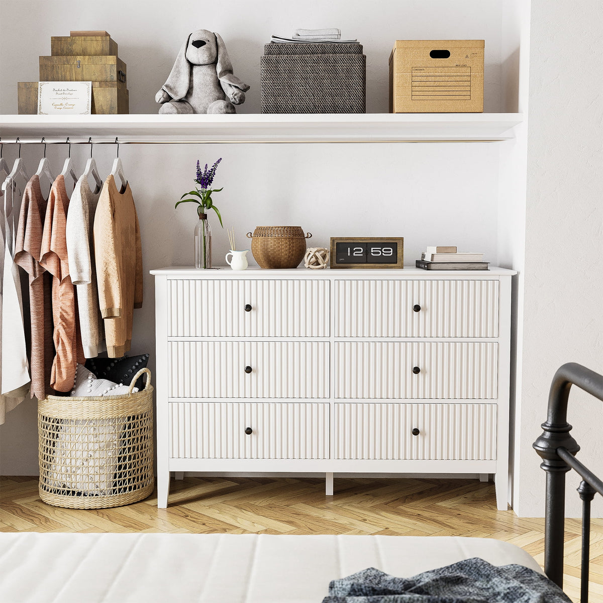May in Color Revamp 6-Drawer Double Dresser, White Wooden Storage Cabinet for Bedroom