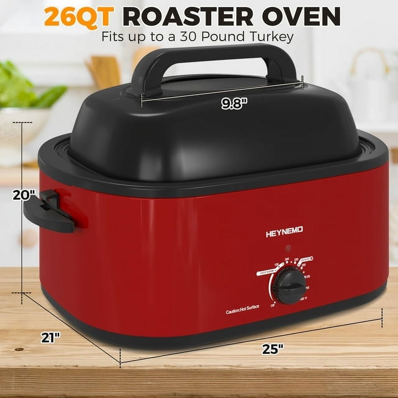 26 Quart Electric Roaster Oven, Stainless Steel Portable Roaster Turkey Oven, Self-Basting Lid Removable Insert Pot, Red