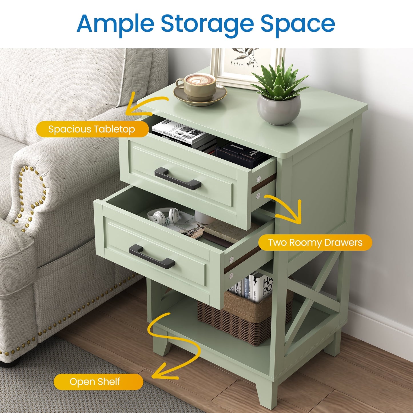 May in Color Tall Nightstand Set of 2 with 2 Drawers and Open Shelf Below, Ideal for Bedroom, Living Room, Home Office
