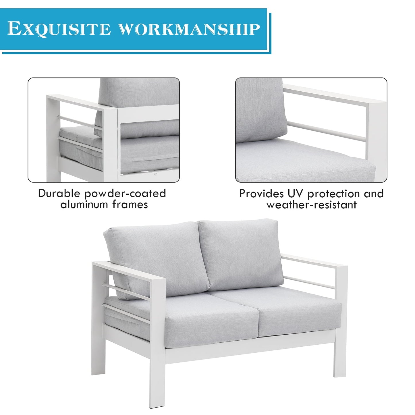 Superjoe Outdoor 2-Seat Patio Aluminum Loveseat Sofa Couch Furniture with Light Grey Cushions, White