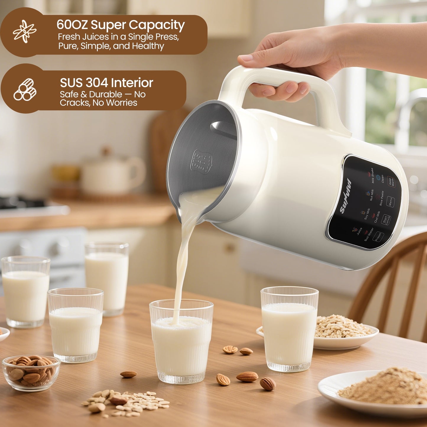 Heynemo 8-in-1 Nut Milk Maker, 60oz Soy Milk & Nut Milk Processor, Delay Start, Keep Warm, Self-Clean, Juice, Milkshake, Rice Paste