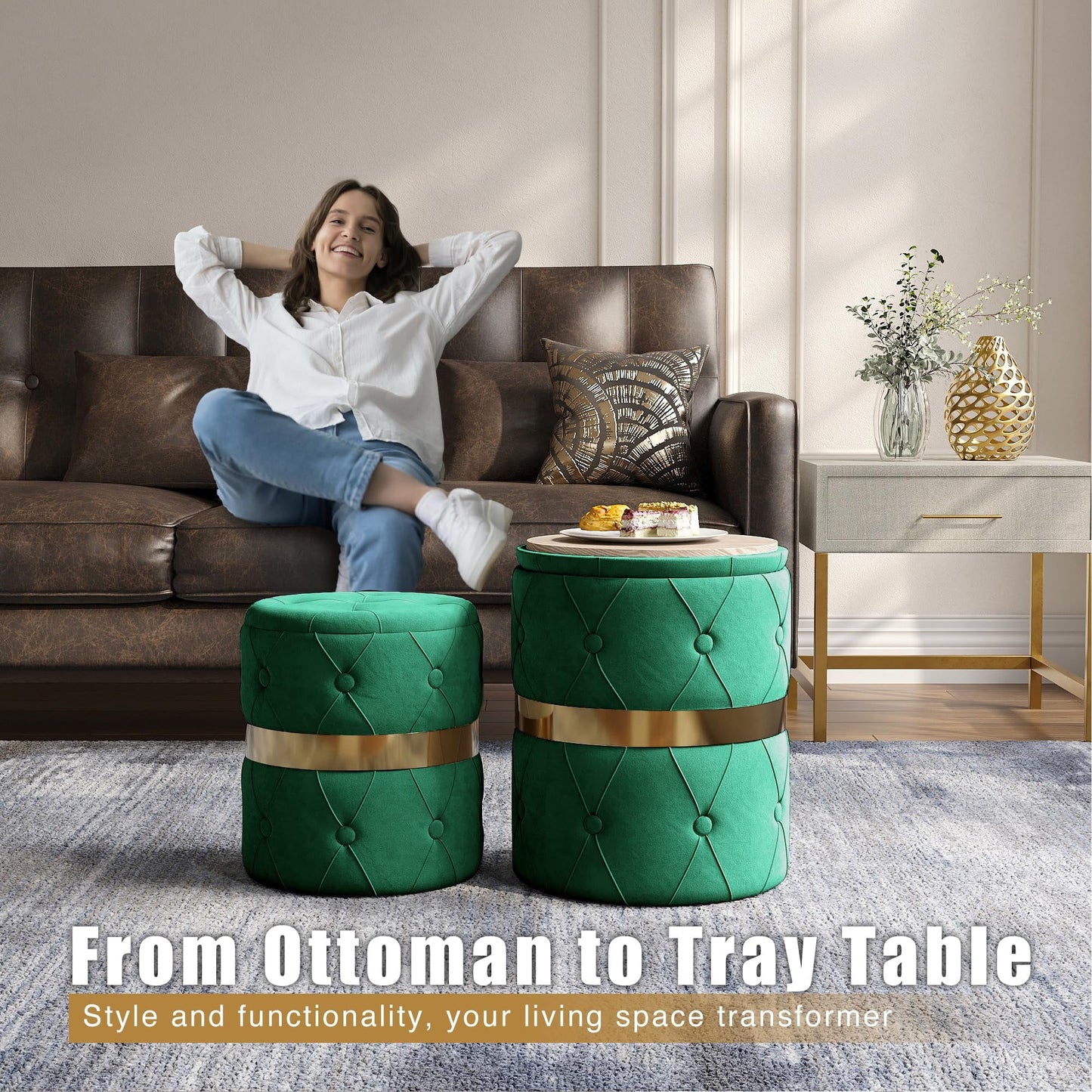 RoyalCraft Storage Ottoman Set of 2, Versatile Footrest Stool with Stainless Steel Base, Modern Round Vanity Stool Chair Foot Stools, Support 200lbs Padded Seat, for Living Room, Bedroom, Green
