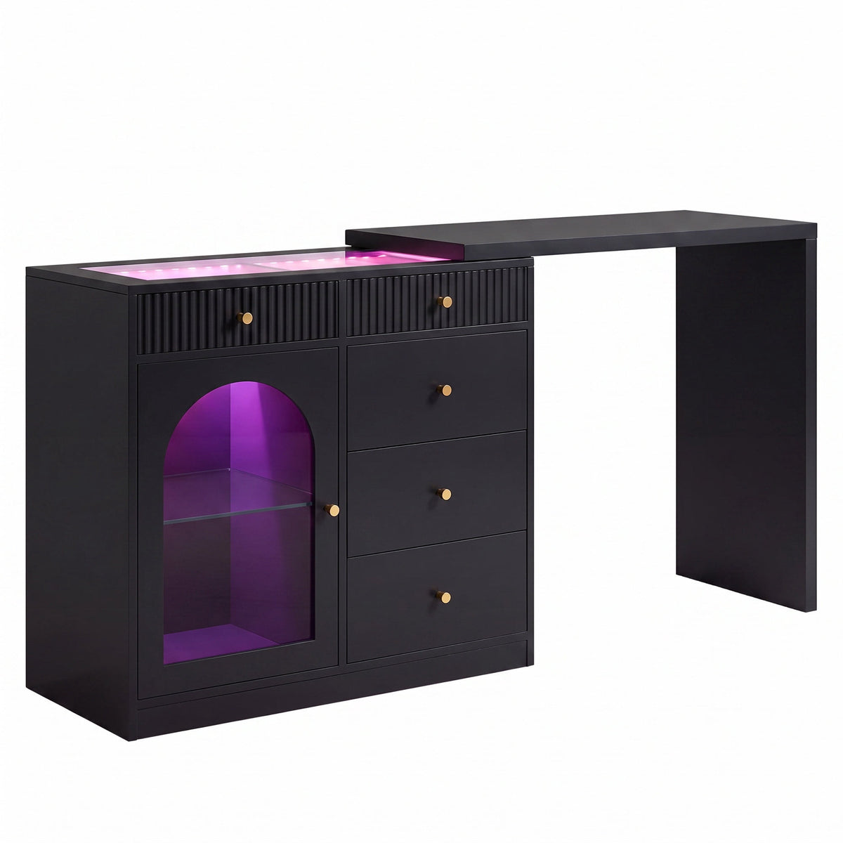 May in Color Black Extendable Vanity with LED Lights, Rotatable L?Shaped Makeup Vanity Desk, 5 Drawers & Arched Glass Cabinet, Multi?Purpose Desk for Working, Studying, Drawing, Sewing, Nail Care