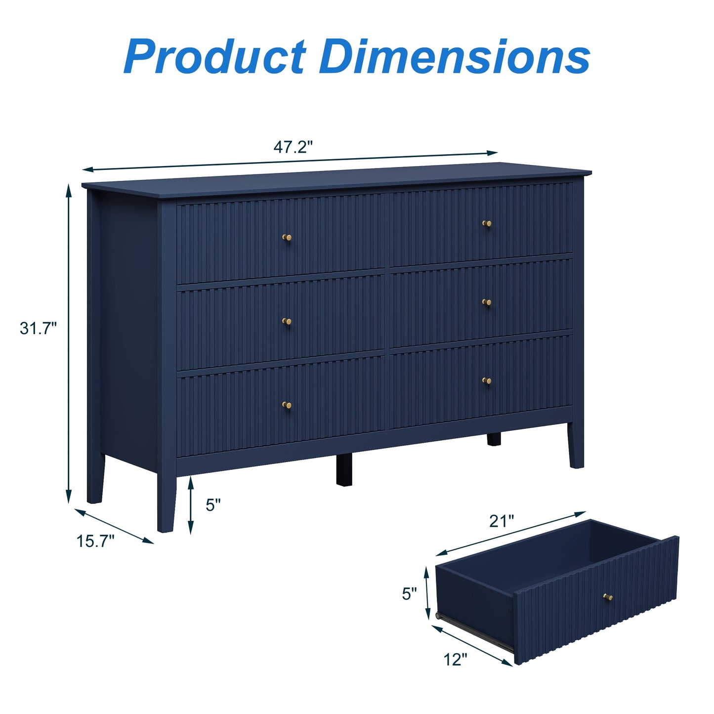 May in Color Fluted 6 Drawer Dresser, Wide Modern Chest of Drawers, Large Wood Storage Cabinet Organizer for Bedroom, Living Room, Hallway, Entryway, Blue