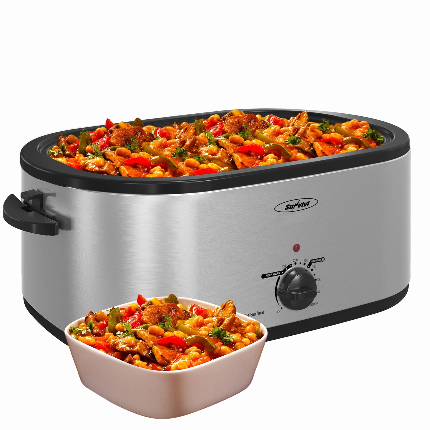 Sunvivi 24 Quart Electric Turkey Roaster Oven with Visible Glass Lid,Removable Pan & Rack, Stainless Steel, Silver