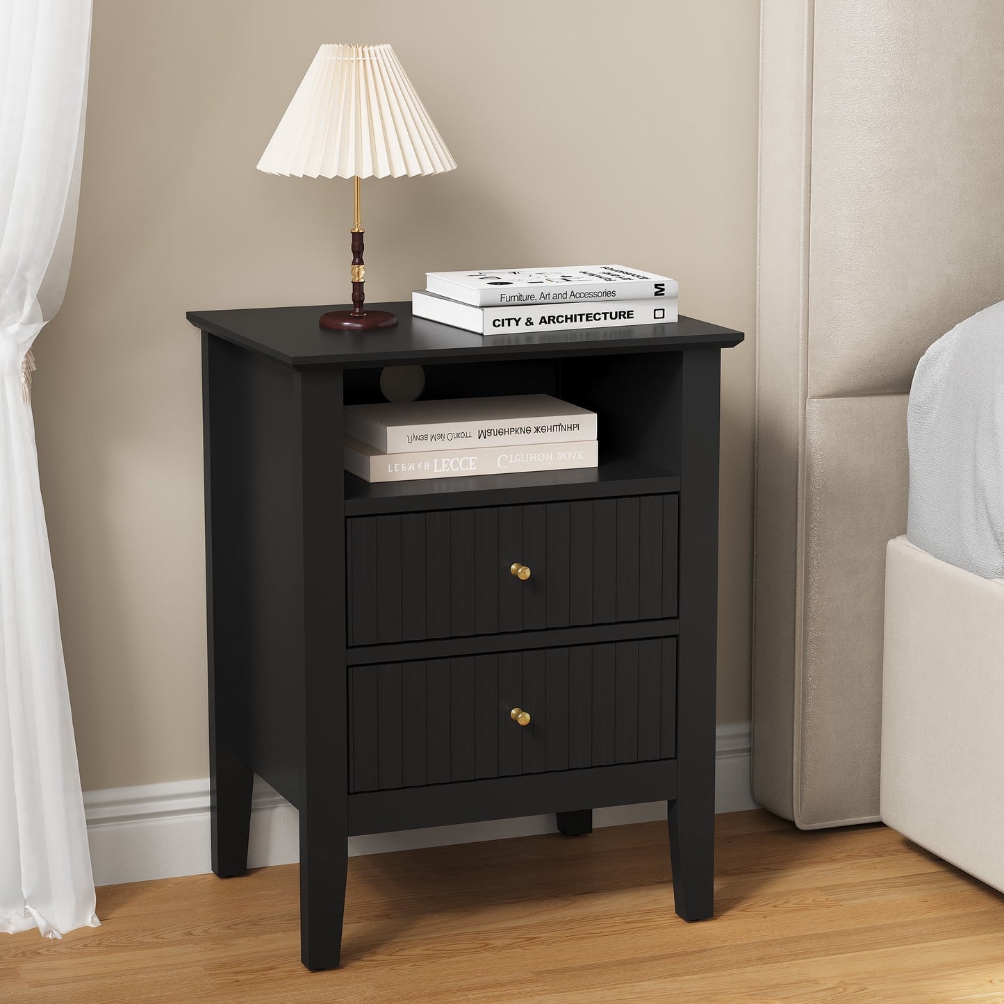 Heynemo Black Fluted Nightstand with 2 Drawers, Modern Wooden Sofa Table for Small Spaces, Tall End Table for Bedroom, Living Room