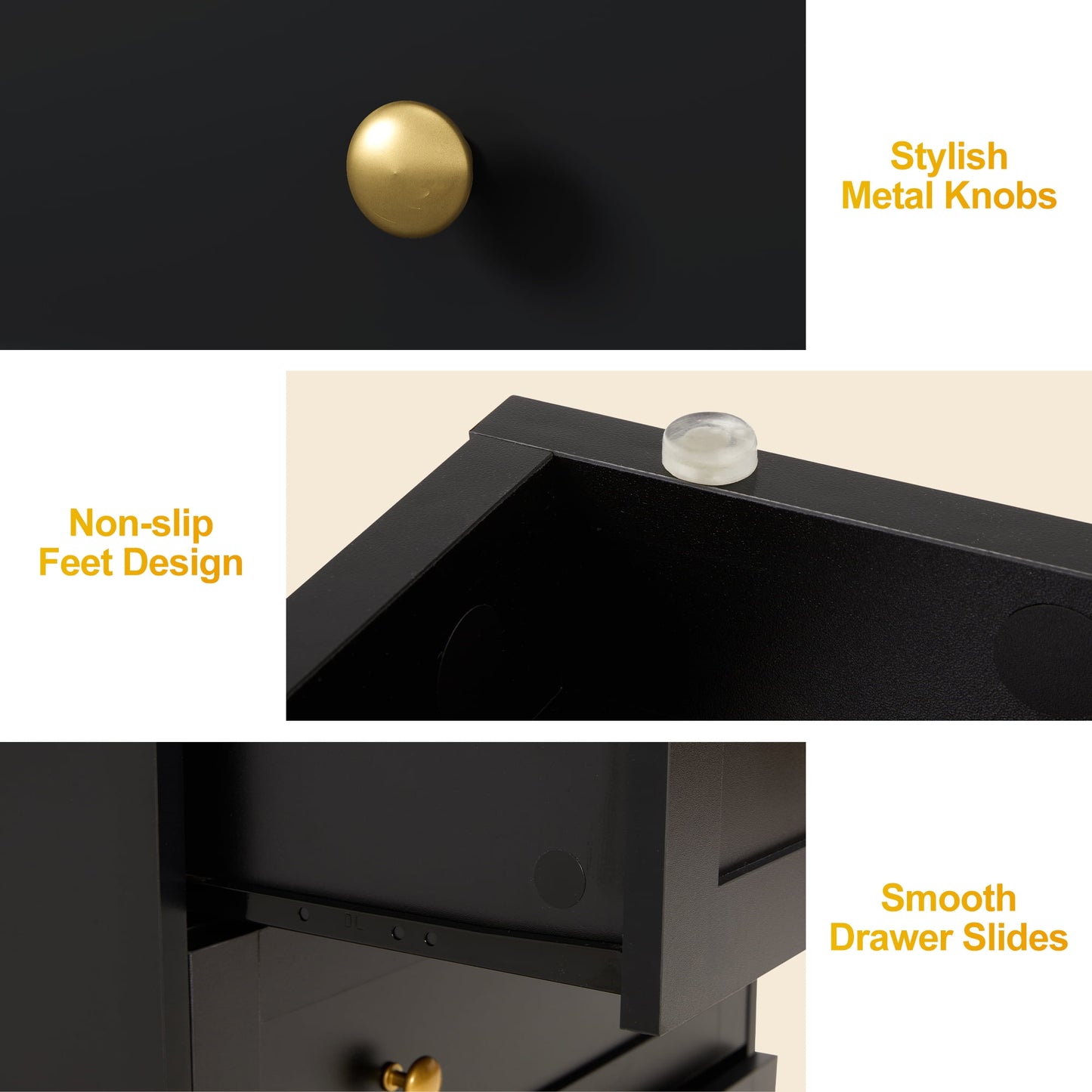 Heynemo 3-Drawer Nightstand, Wooden Bedside Table with Gold Knobs, Modern Storage Cabinet for Bedroom, Living Room, or Hallway, Black