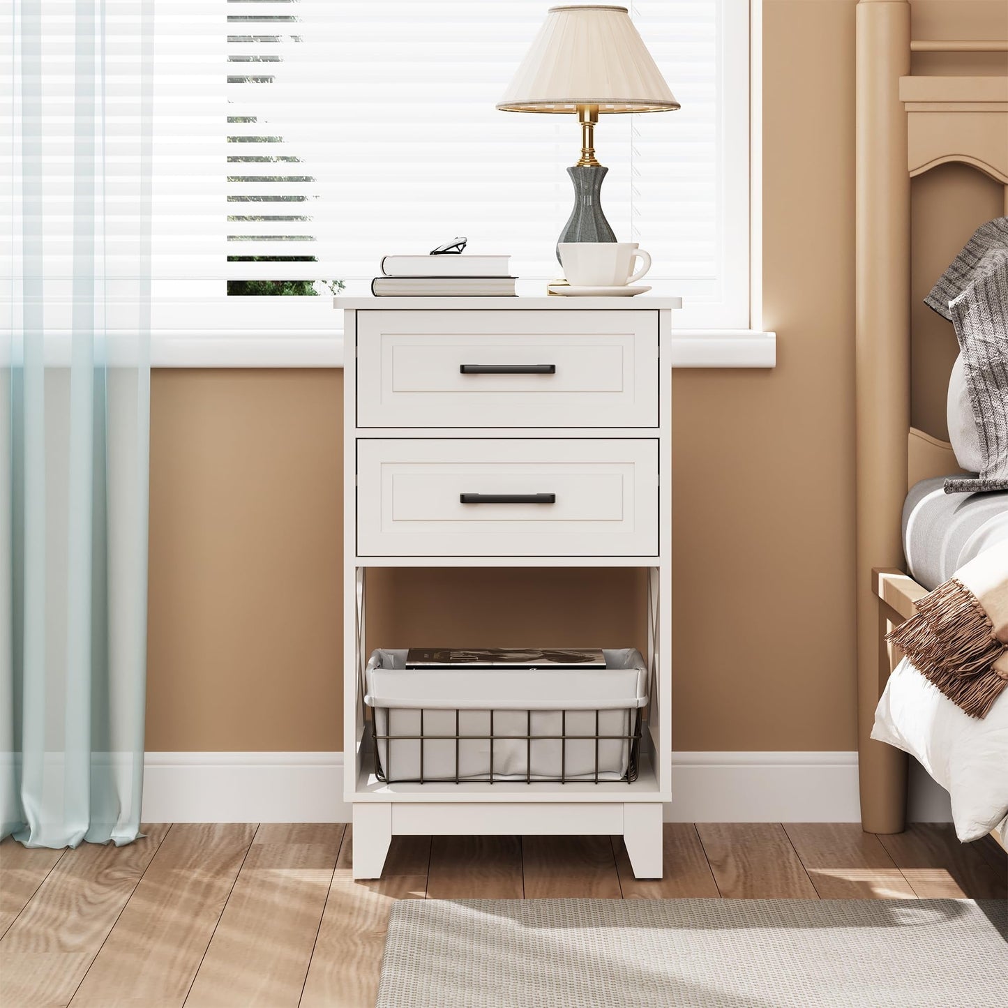 RoyalCraft Tall Nightstand, Side Table with 2 Drawers and Open Shelf Below, Bedside Table with Solid Feet, Modern Night Stand End Table for Bedroom, Living Room, Home Office, White