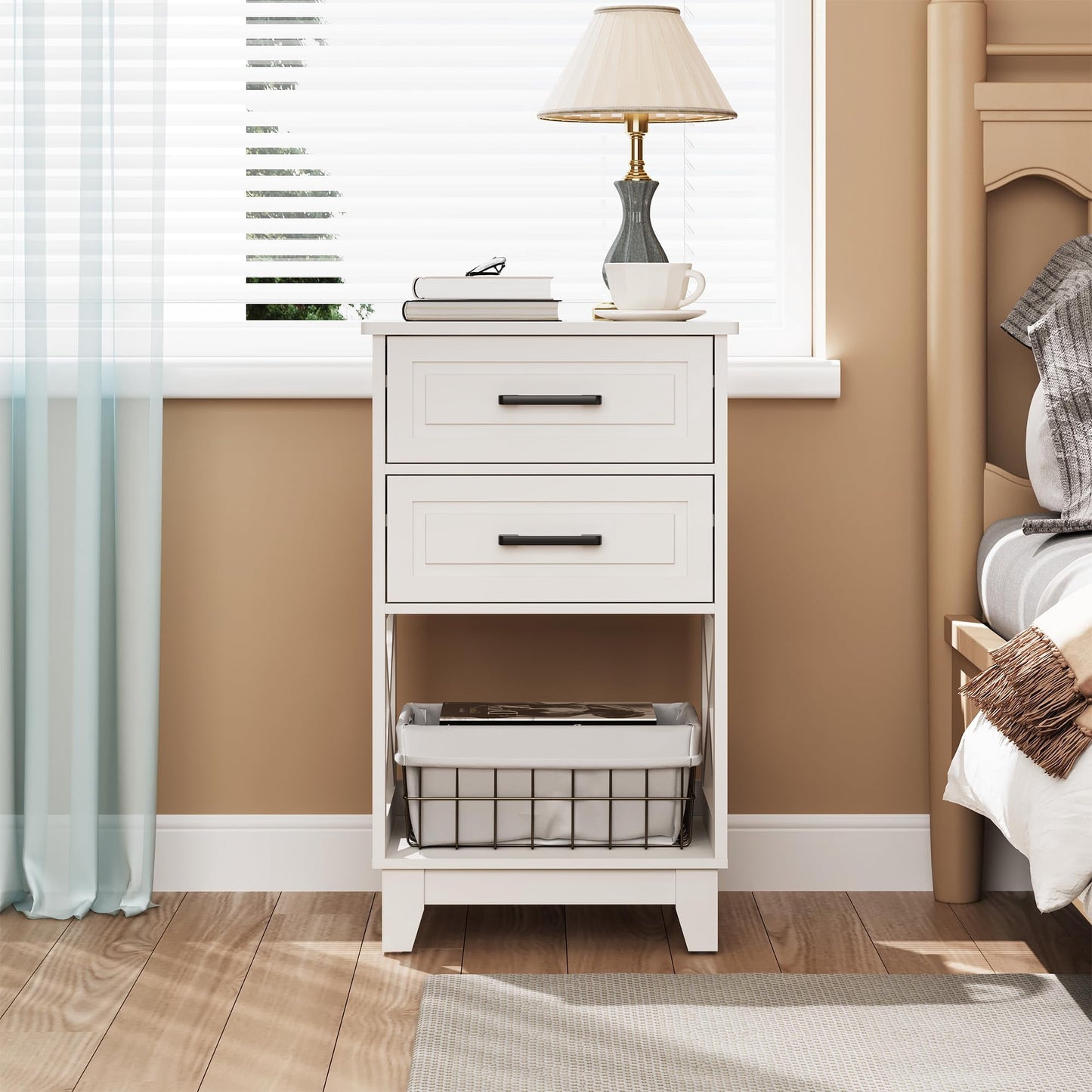 May in Color Tall Nightstand, Side Table with 2 Drawers and Open Shelf Below, for Bedroom, Living Room, Home Office, White