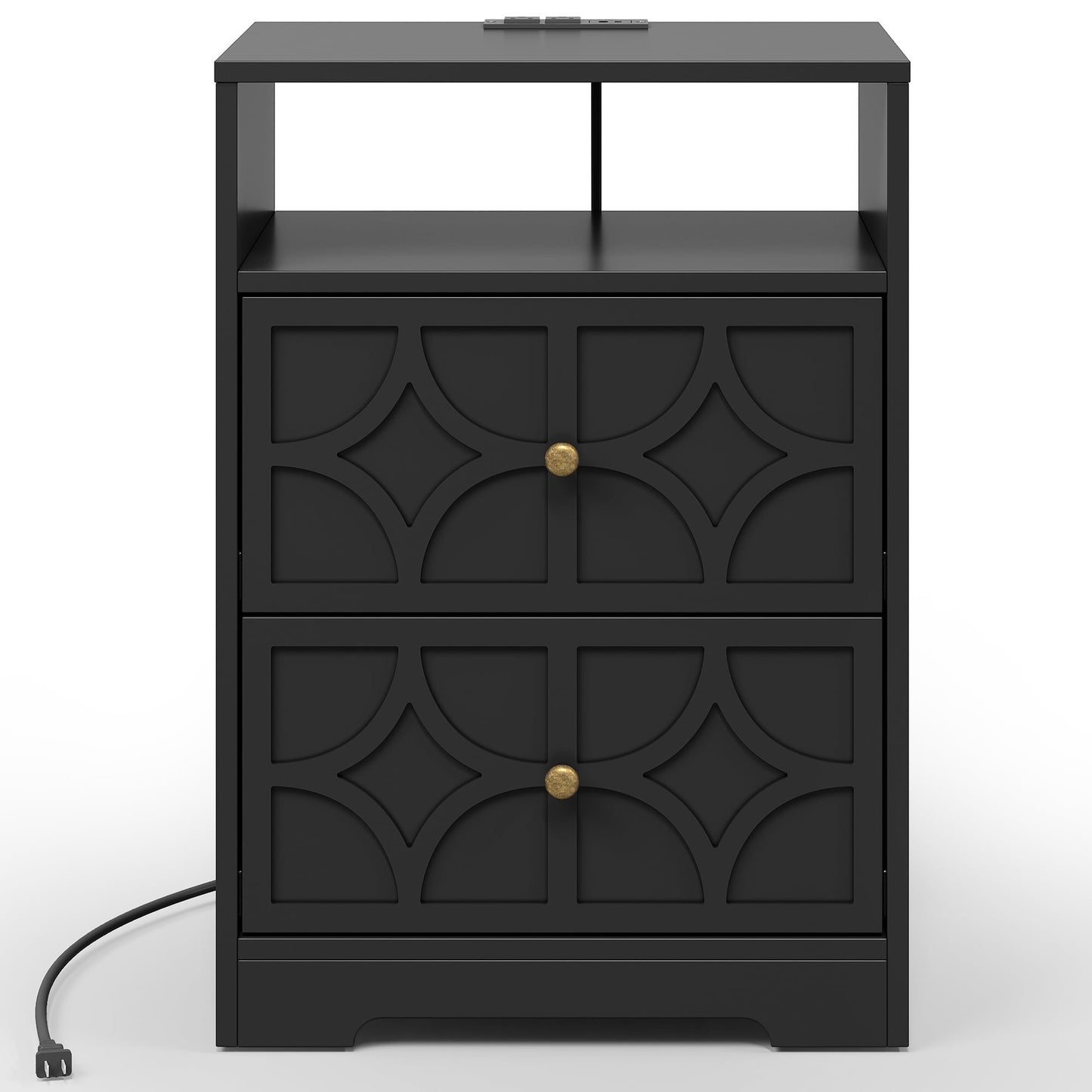 Heynemo Modern Accent Side Table with 2 Drawers, Gold Knobs, and Diamond Carvings, Large Night Stand for Living Room, Bedroom, Entryway, Black