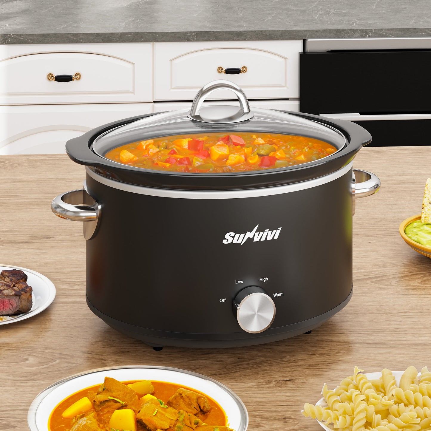 Heynemo 4QT Compact Slow Cooker & Food Warmer with 3 Temperature Settings, Dishwasher Safe - Black