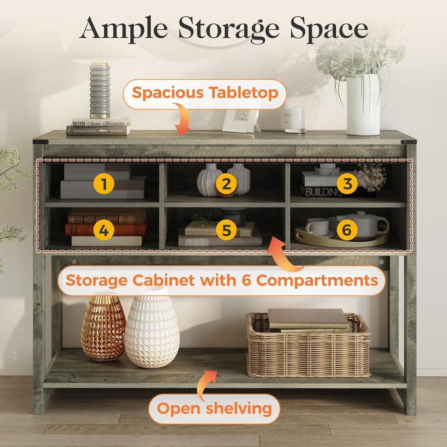 May in Color Entryway Table with Storage Cabinets, 46" Modern Farmhouse Console Table with Sliding Barn Door, for Hallway, Living Room, Foyer, Light Grey