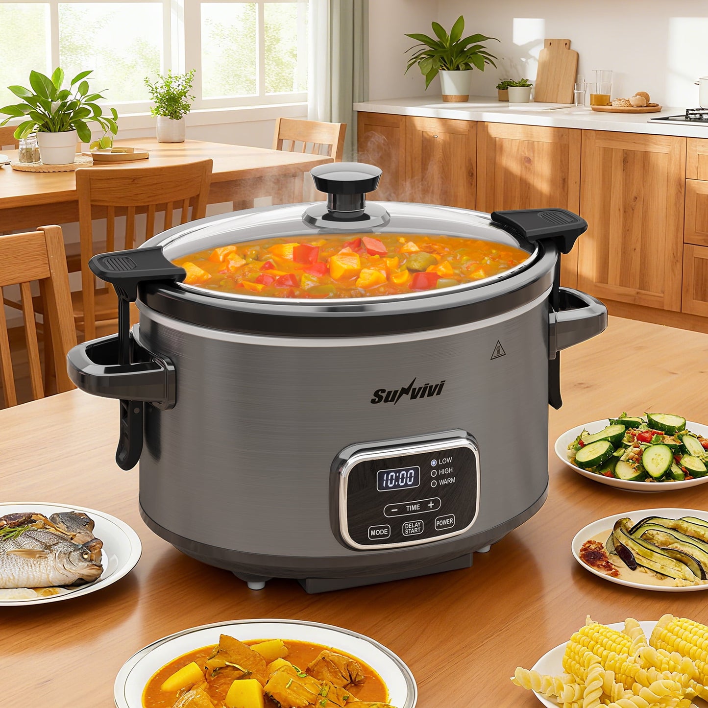 Sunvivi 4QT Digital Slow Cooker, Programmable Crock Pot with Locking Lid, Timer, 3 Heat Settings & Removable Ceramic Insert, Gray