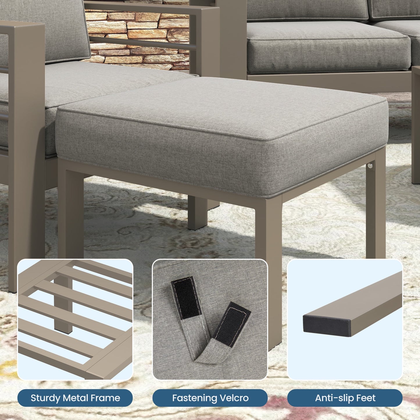 Heynemo Patio Metal Ottomans Footstools Set of 2, Outdoor Footrest Set with Removable Cushions for Couch, Beige Gray