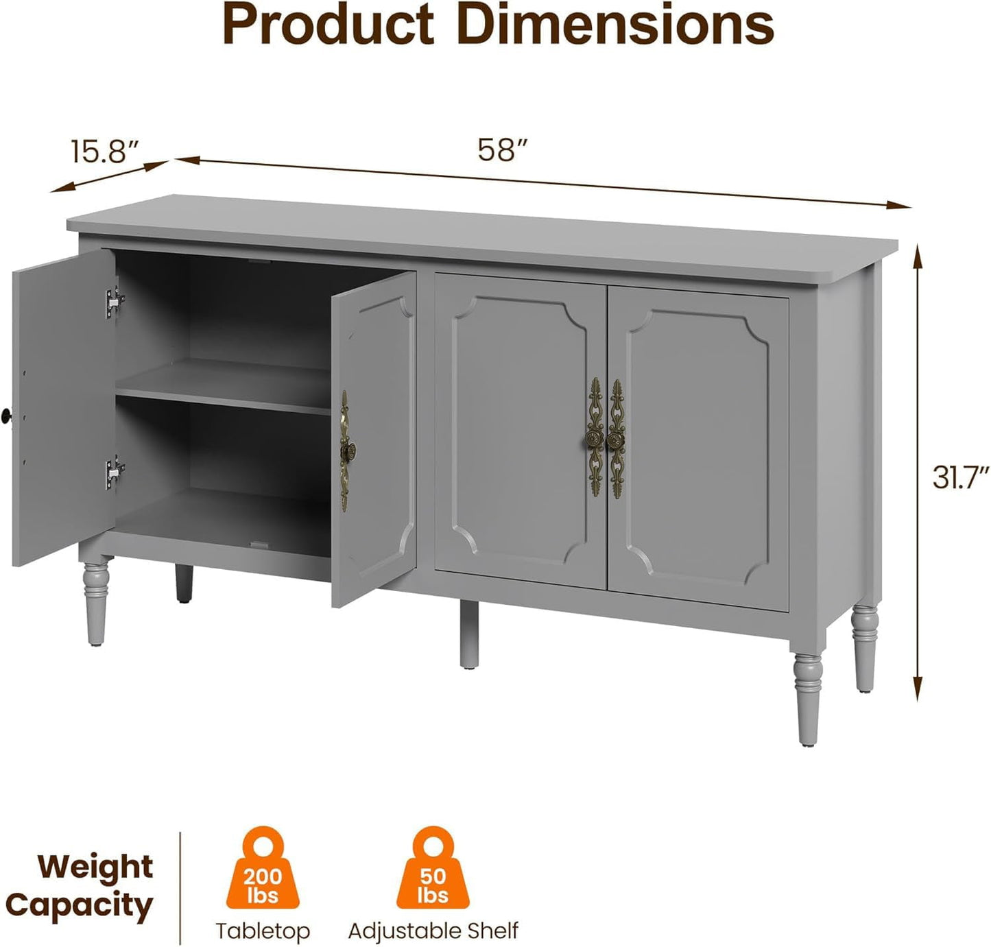 May in Color Mid Century Modern Sideboard with 4 Doors and Adjustable Shelves, Console Table for Entryway, Dining Room, Living Room, Grey Oak