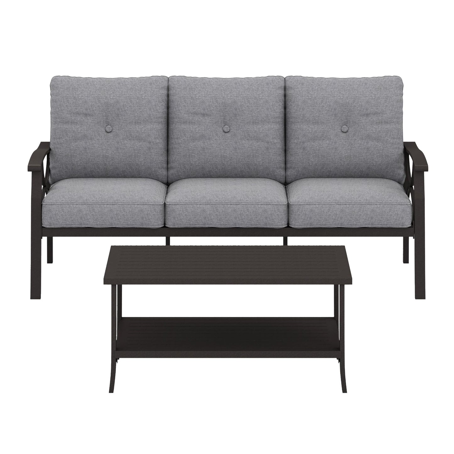 Heynemo Outdoor Patio Furniture Set, 2 Piece Patio Conversation Set, Metal Furniture Set with 3 seat Sofa for Porch Backyard, Black Metal Chair with Gray Cushions