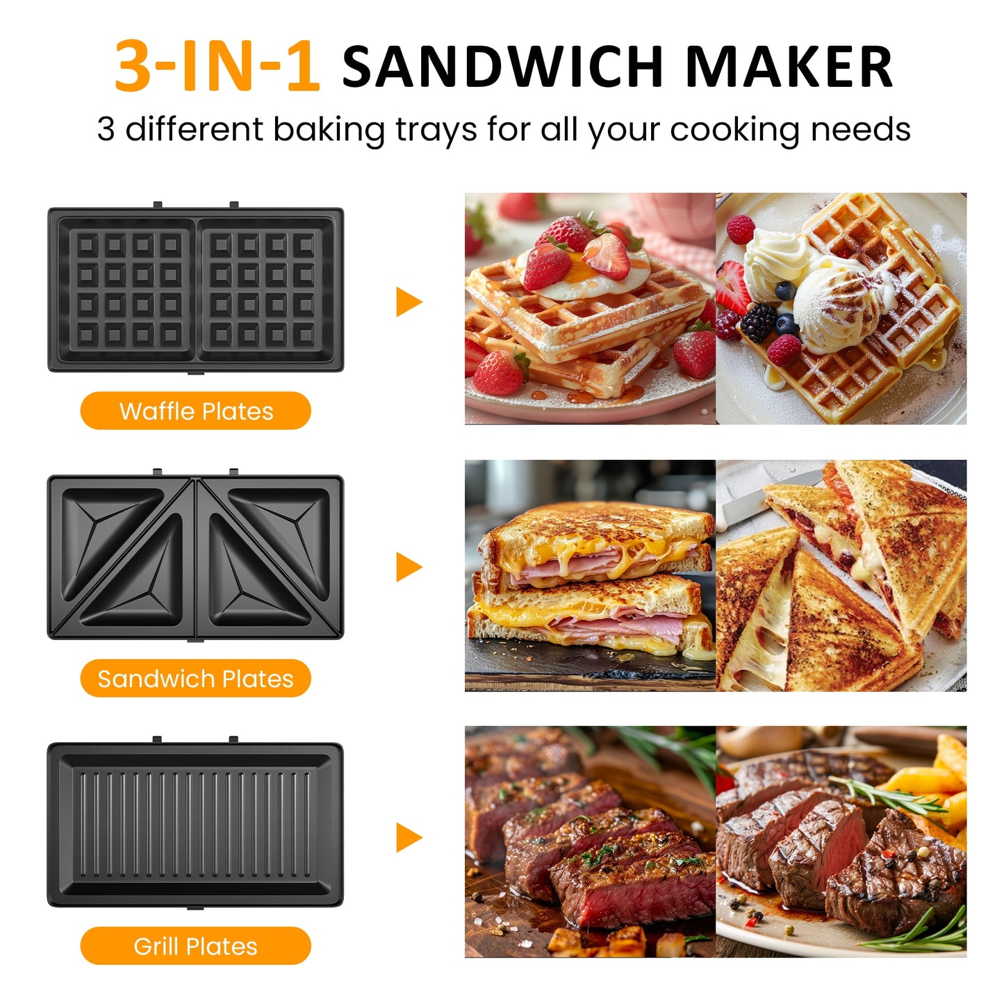 Heynemo 3 in 1 Electric Waffle, Grill & Sandwich Maker