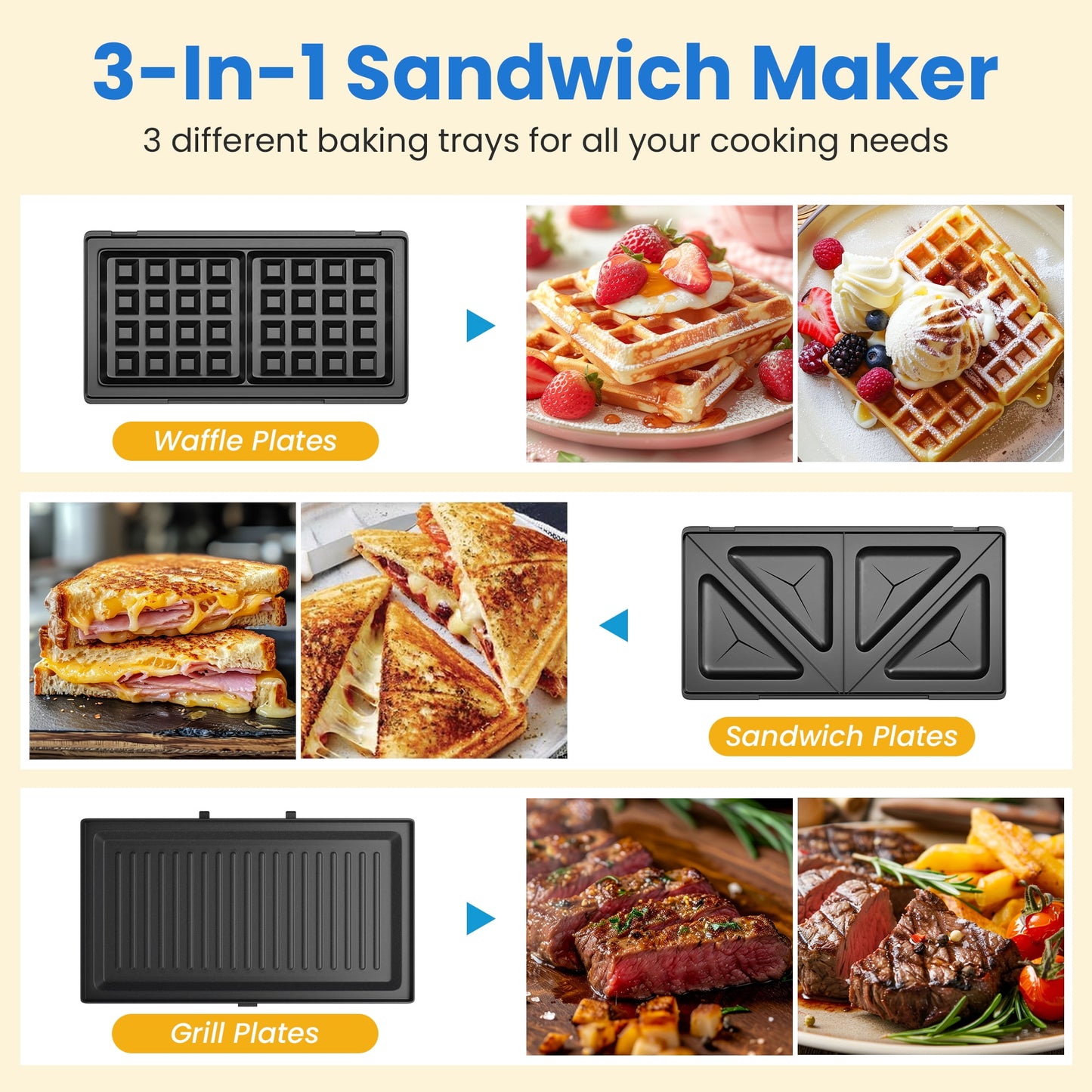 Heynemo 3-in-1 Electric Sandwich Maker Waffle Grill Panini Press 1000W Non-Stick Removable Plates Blue